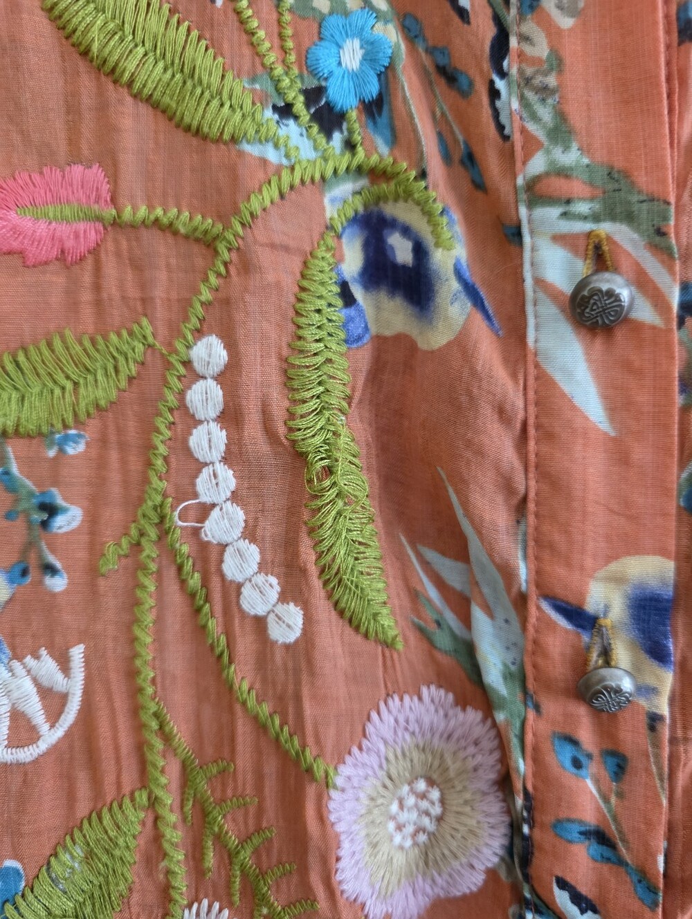 Soft Surroundings Medium Coral Blue Embroidered Blouse Vekvet Collar Long Sleeve - Picture 10 of 10